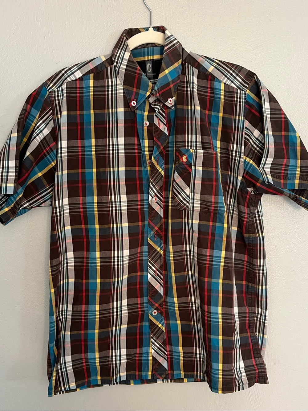 Collezione Plaid Button Front Shirt Brown Blue Short Sleeve Men’s Medium